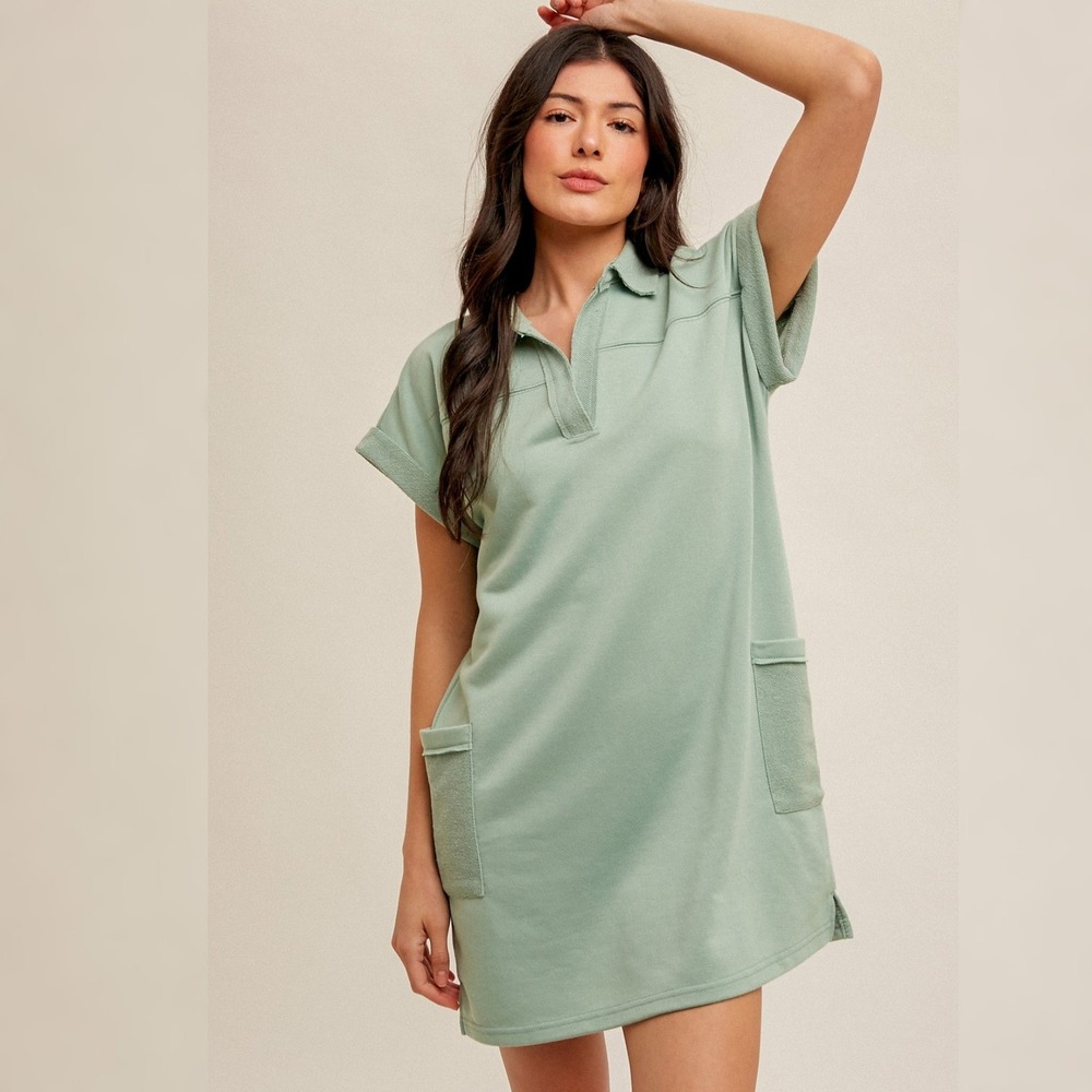 Hem & Thread Women Large Polo Dress Sage Green NWT French Terry Pockets 33685